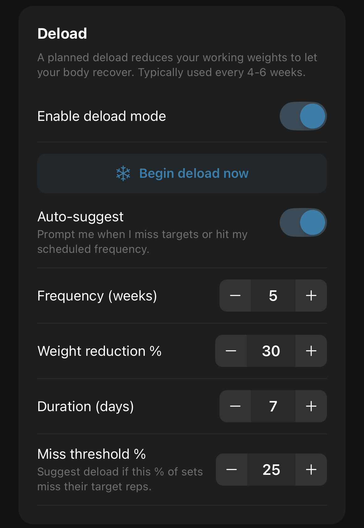 Anneal screenshot: deload suggestion with reduced weights for the recovery phase
