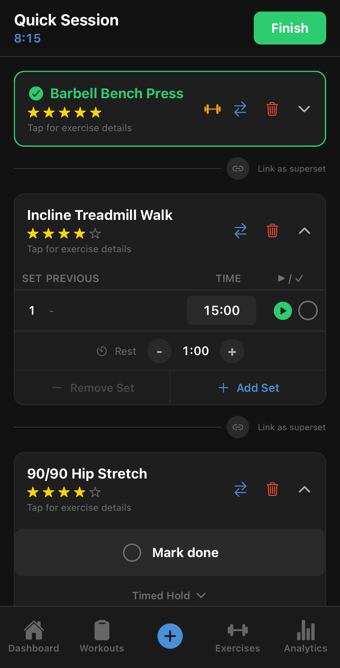 Anneal screenshot: weighted sets, distance cardio, and a timed hold in a single session